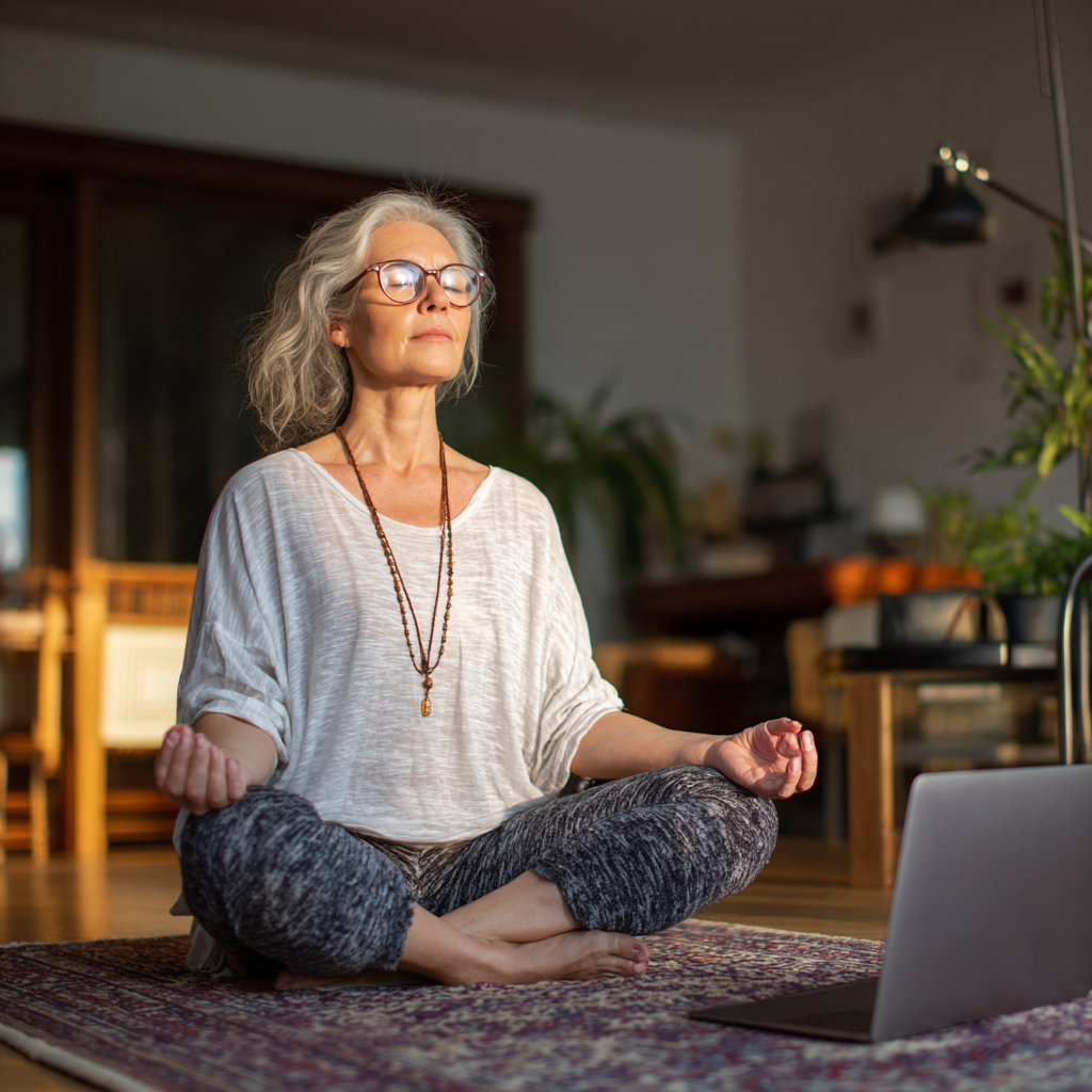 Жінка віком 52 років практикує йогу вдома перед ноутбуком під час онлайн-заняття, демонструючи зручність домашньої практики