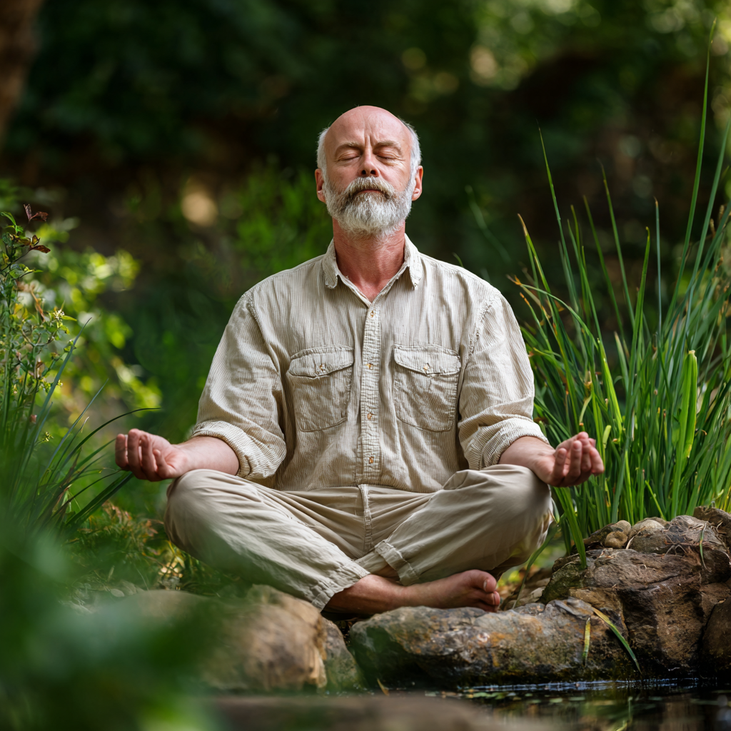 Чоловік віком 58 років в медитативній позі лотоса на природі серед зелені, демонструючи спокій та внутрішню гармонію