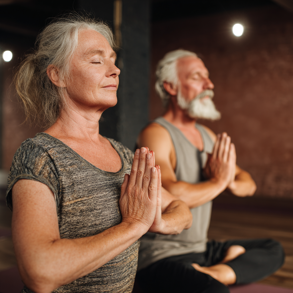Чоловік та жінка віком 55-60 років разом практикують йогу в спокійній атмосфері студії, демонструючи гармонію та взаємну підтримку